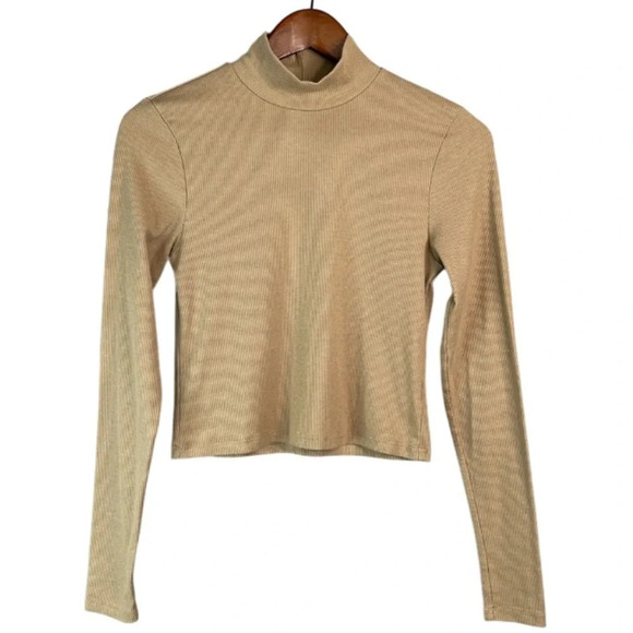 American Eagle Ribbed Cropped Mock Neck Shirt Tan Brown Long Sleeves M - Picture 2 of 10